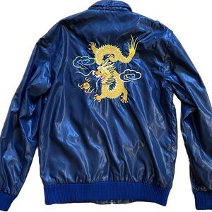 Blue nylon jacket with dragon embroidery on back